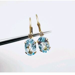 Estate Solid 14K Yellow Gold Blue Topaz & Diamond Accent Leverback Earrings